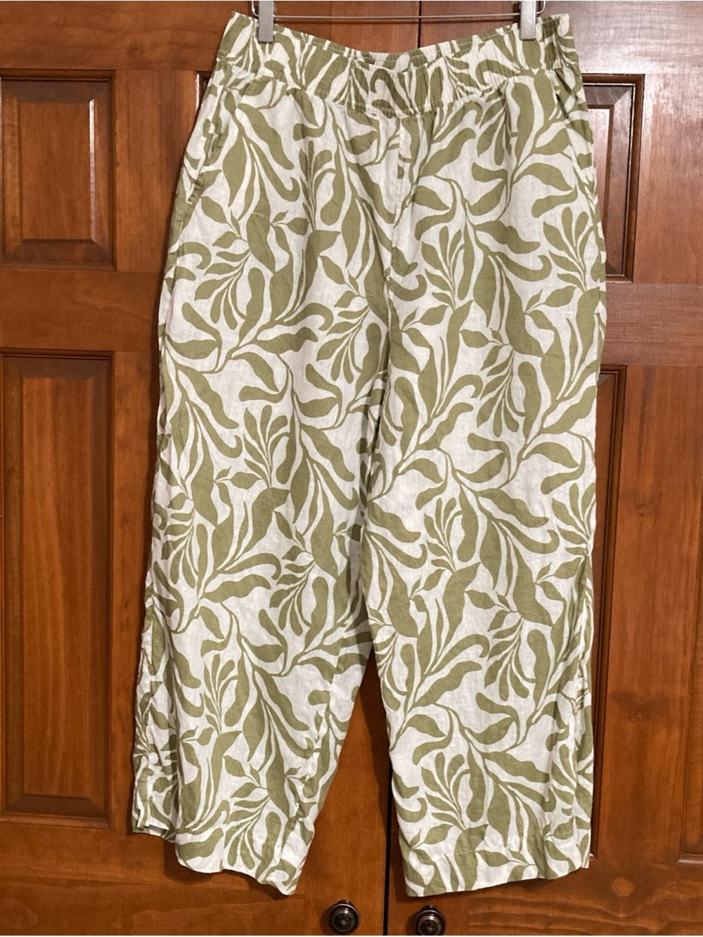 Tahari Cream Leaf-Print Wide Leg Pants 100% linen Women’s size XL